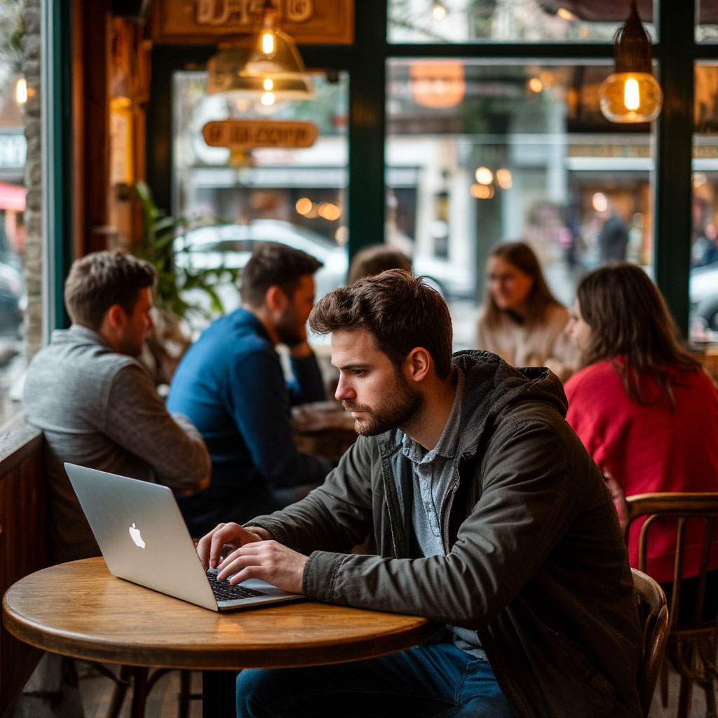 Solo remote worker feeling isolated in a crowded café